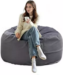 Dark Gray Bean Bag Chair Oversized Round Sofa Foam Filled Couch Removable Cover - Picture 1 of 7