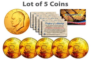 BICENTENNIAL 1976 EISENHOWER IKE DOLLAR 24KT GOLD "5 COIN LOT"! COA & CAPSULES - Picture 1 of 1