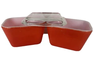 Pyrex 501B 501C zwei 1,5 Tassen Glas Behälter mit 1 Deckel Rot USA Vintage Organisieren - Bild 1 von 12