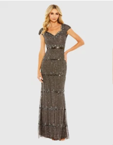 MAC DUGGAL 9089 CAP SLEEVE SWEETHEART NECKLINE BEADED CHARCOAL BROWN GOWN  2 - Picture 1 of 8