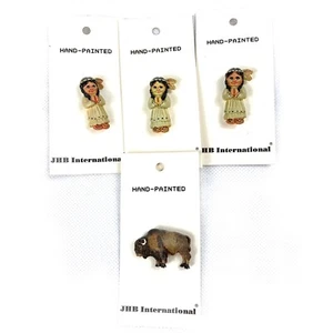 Collectible Native Girls and Bison Hand Painted Vtg Resin Buttons w clear shanks - Picture 1 of 6