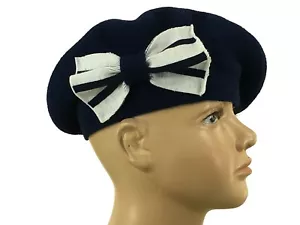 Laulhere Children Wool French Beret Hat Coco Blue with White/Blue Bow 6 5/8 - FR - Picture 1 of 5