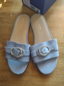 Stuart Weitzman Cyrstal buckle Slide 7.5 B cornflower suede sandals $395 NIB 7½ - Picture 1 of 17