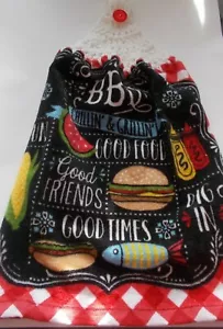 WHITE Yarn Crochet Top BBQ CHILLIN & GRILLIN Print Cotton Kitchen Towel - Picture 1 of 2