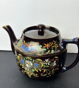 Vintage K&B Harbell Teapot Brown Multi Color Floral Gold Trim England F19 - Picture 1 of 13