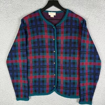 Vintage 80s Preppy Plaid Sweater Women's Medium Cardigan Heathmoor Gold Buttons - Image 1 of 4