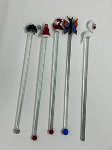 Vintage Swizzle Sticks Hand Blown Glass Tops 5 Piece Set - Picture 1 of 2