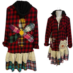 Upcycled Flannel Shirt Women Large Red Duster Cottagecore Grunge Country Shacket - Picture 1 of 20