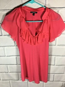 Womens SZ M Express Top Shirt Hot Pink with Ruffle collar Short Sleeve (N39) - Picture 1 of 4