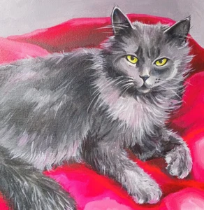 Gray Cat Portrait Animal Kitty Artwork Original Acrylic Painting 12''/12'' - Picture 1 of 7