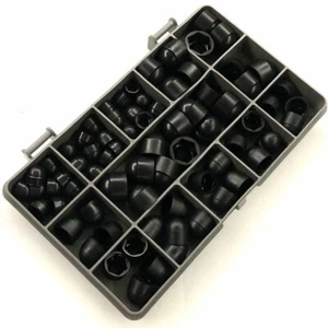 70 PIECE M5 M6 M8 ASSORTED BLACK PLASTIC HEX NUT & BOLT HEAD COVERS KIT IN BOX - Picture 1 of 2