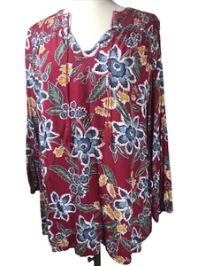 Old Navy Womens Boho Top Blouse Size 1X Floral Red 100% Rayon Long Sleeve Casual - Picture 1 of 9