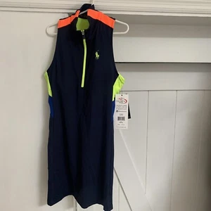 New $75 US Open Tennis Polo Ralph Lauren Navy Blue Dress Bra Neon Sport Girls M - Picture 1 of 9