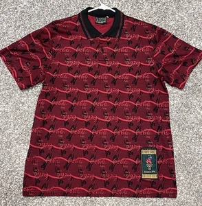 Vintage Olympics Coca Cola Polo Mens Medium Red All Over Print Atlanta 1996 - Picture 1 of 10