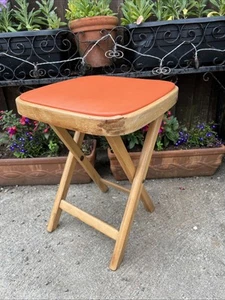 Vintage Folding Stool Mid Century Wooden With Orange Vinyl Covered Seat Retro! - Picture 1 of 6