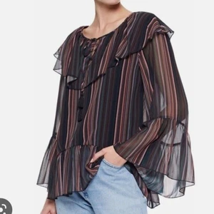 Rebecca Minkoff Patti Striped Multicolor Ruffle Bell Sleeve Tassel Blouse Small - Picture 1 of 5
