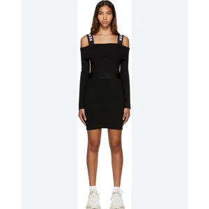 Herve Leger M Dress Black Off Shoulder Mini Logo Straps Ribbed Stretch NEW - Picture 1 of 11