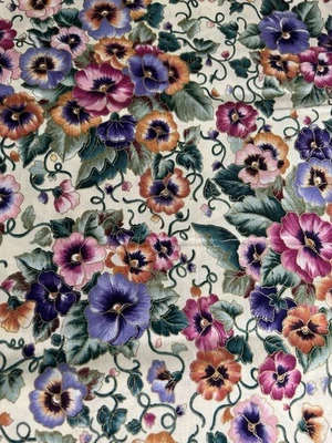 Beige Pansy Fabric Floral Quilt Cotton Cloisonne Purple Flowers Marcus Brothers - Image 1 of 4