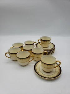 Set For 8 Lenox Cobalt Blue Gold Fleur de Lis Demitasse Espresso Cup and Saucer - Picture 1 of 15