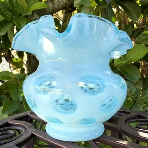 Fenton blaue Münze Punkte opalisierend gekräuselt gekräuselter Rand Vase 4 Zoll - Bild 1 von 6