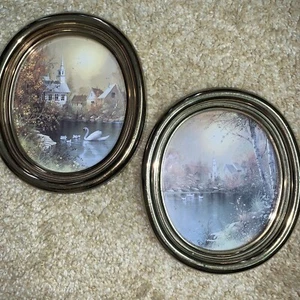 Vintage Homco Home Interior (2) Gold Oval Framed Pictures Church Lake Swan - Picture 1 of 9