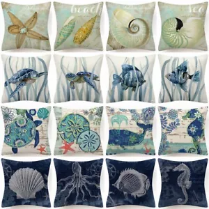 PILLOW COVER Linen Ocean Beach Turtle Fish Decorative Blue Cushion Case 18x18" - Picture 1 of 21