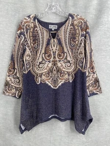 JM Collection Tunic Petite Large Blue Gold Paisley Print Metallic Sharkbite Hem - Picture 1 of 10