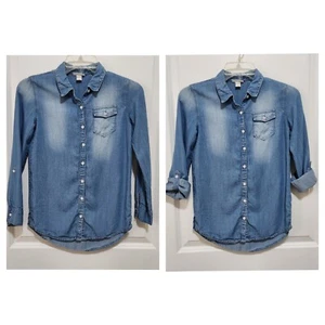 Cat & Jack Girls L (10/12) Convertible Sleeve Lyocell Chambray Button Up Top - Picture 1 of 6