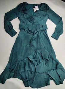GUESS Raelana Wmn's Small Everest (Green Snake) V-Neck Long Sleeve 43" Dress New - Picture 1 of 9