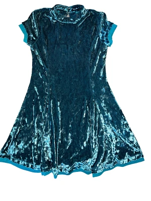 Vestido skatista Elisa B meninas veludo esmagado azul-petróleo pescoço simulado buraco na fechadura recorte nas costas 7 - Imagem 1 de 2