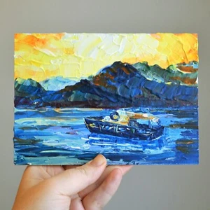 Original Seascape Painting Fishing Boat Mountains Sunset Vibrant Palette Knife - Picture 1 of 6