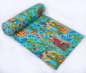 Floral Kantha Quilt Indian Handmade Bedspread Throw Cotton Gudari Ethnic Blanket - Picture 1 of 3
