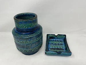Bitossi Italien Aldo Londi Raymor Rimini blaue Glasur Kunstkeramik 7" Vase + Aschenbecher - Bild 1 von 1