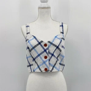 Red Carter Womens L Blue White Plaid Linen Button Front Sleeveless Crop Top - Picture 1 of 8