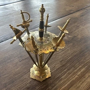 Vintage Toledo Metal Cocktail Spanish Swords Set of 6 w/Stand - Picture 1 of 17
