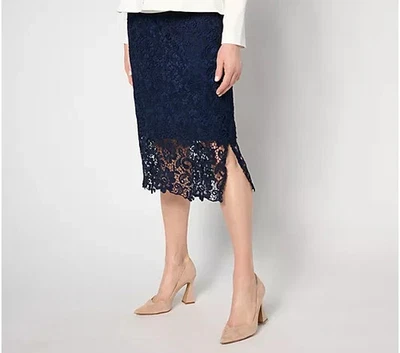 Susan Graver Occasions Lace Side Zip Midi Skirt-Navy-Petite 24-NEW-A634097 - Image 1 of 2