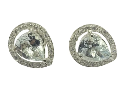 Naturale Acquamarina & Zircone Cubico Pietra 925 Argento Pera Orecchini a Lobo - Immagine 1 di 4