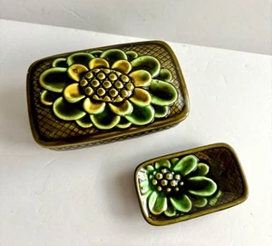 Vintage Tilso grün Keramik Zigarette Schmuckschatulle & Aschenbecher Pin Schale Sonnenblume Japan - Bild 1 von 11