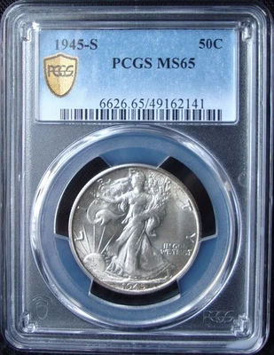 Meio dólar de prata 1945-S Walking Liberty - PCGS MS 65 - Escudo de ouro - Imagem 1 de 4
