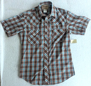 Wrangler Pearl Snap Plaid Western Style Short Sleave Shirt Medium Blue Brown - Picture 1 of 8
