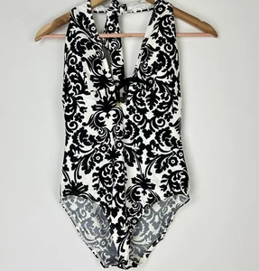 Tommy Bahama Ausschnitt V-Ausschnitt Einteiler Neckholder Badeanzug Gr. 10 schwarz weiß Print - Bild 1 von 14