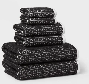 Threshold 6 Pieces Boho Bath Towel Set 100% Cotton Black/White - Picture 1 of 8