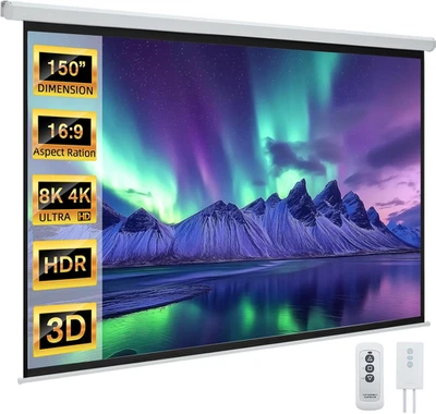 150" Projector Screen Motorized 16:9, 4K HD Pull Down 150 INCH 16:9 - Image 1 of 4