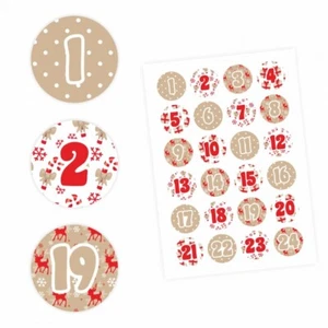 24 Adventskalender Zahlen Aufkleber ROT/BEIGE - rund 4 cm Ø-Sticker Weihnachten - Bild 1 von 4