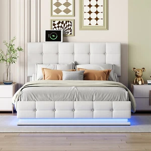 Polsterbett Doppelbett 140x200 cm LED Kunstlederbett Jugendbett Weiß merax® - Bild 1 von 14