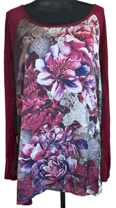 NWT Dressbarn Woman 3X 24 26 Wine Red Spring Floral Satin Romantic Dressy Tunic - Picture 1 of 6
