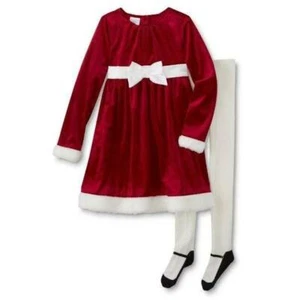 Girls Dress & Tights Christmas Santa Outfit Holiday Red White 2 Pc Set-sz 5/6 - Picture 1 of 9