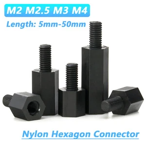 M2/M2.5-M4 Nylon Male Female Thread Rod Bar Studs Hexagon Connector Nuts Black - Picture 1 of 62