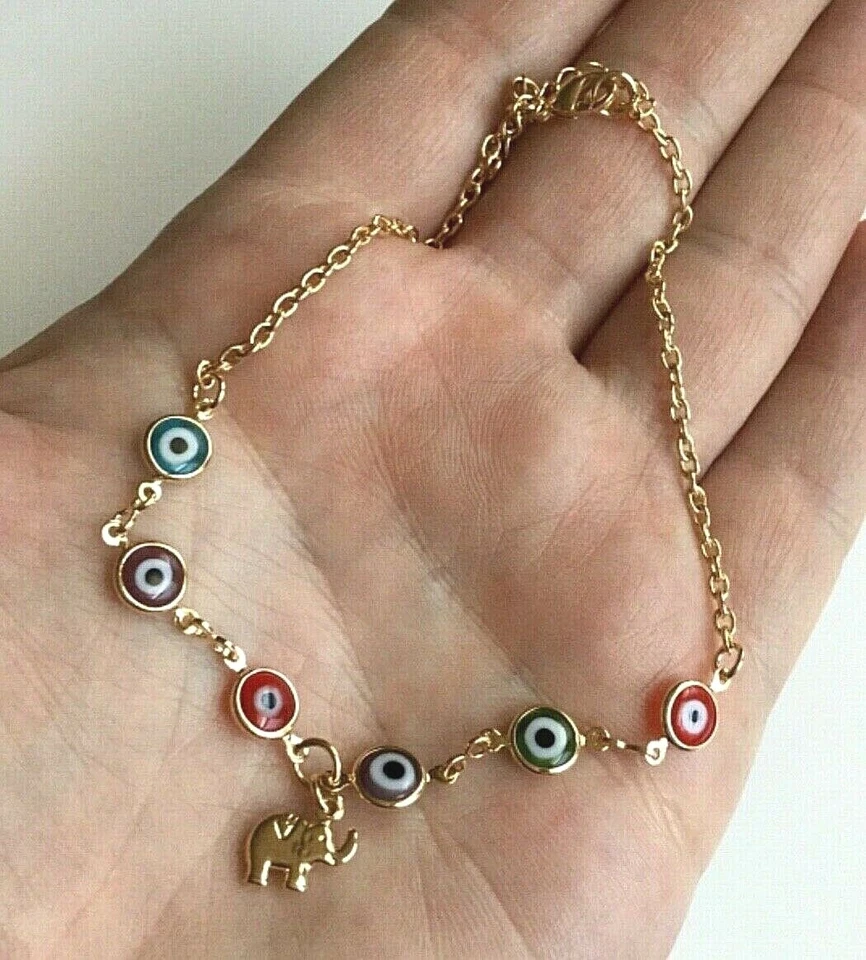 ELEFANTE CHAPADO EN ORO 14K 6 TOBILLERA MAL DE OJO 10" LARGO/TOBILLERA OJO ELEFANTE 10" Foto 1 de 4