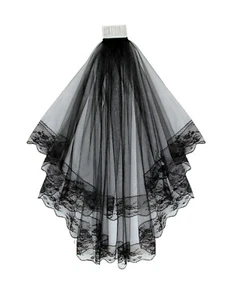 2 TIER BLACK BRIDAL WEDDING VEIL WITH LACE EDGES COMB 31" BRAND NEW - Picture 1 of 3